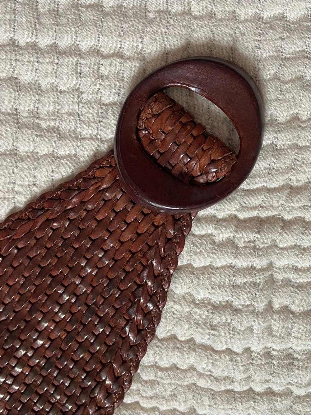 Vintage Woven Leather Circle-Buckle Belt in Dark Brown